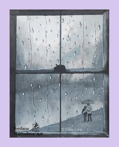 a painting of two people holding an umbrella in front of a window with raindrops