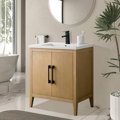 a bathroom with a sink and mirror next to a potted plant in the corner