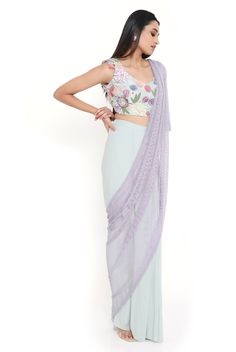 Sea foam georgette embroidered choli and saree with purple mesh pallu. Disclaimer: Since we are a made-to-measure brand and our dyeing process and embroidery are handcrafted, there may be slight variations in the color and embroidery of the actual product. The print placement may also vary from what is represented in the images shown on the product page. Rahul Khanna, Nehru Jackets, Western Wedding, Print Placement, Wedding Service, Dyeing Process, Short Suit, Bride Bridal, Sea Foam