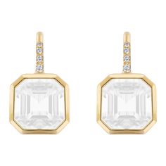 These beautiful earrings in a 9 x 9 mm Asscher cut, which is a blend of the princess and emerald cuts with X-shaped facets from its corners to its center culet, are made in Moon Quartz which is from the Quartz family. They are set on wire with 4 Diamonds in 18K Gold. These earrings are perfect for an everyday look and can be carried to a night out. * Gemstone: 100% Earth Mined * Approx. gemstone Weight: 5.85 Carats (Moon Quartz) * 100% Natural Earth-Mined Diamonds * Carat: Approx: 0.09 Carats (D Moon Quartz, Earrings For Sale, Quartz Colors, Asscher Cut, Quartz Earrings, Gold Earrings Dangle, Wire Earrings, The Princess, Emerald Cut