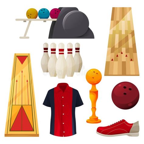 Bowling icons set, vector playing tools, equipment. Bowling equipment set, playing tools. Vector flat icons of bowling pins and ball, bowling lane, ball returner stock illustration Bowling Equipment, Bowling Lane, Bowling Pins, Flat Icons, Icon Set Vector, Flat Icon, Sport Shirt, Icon Set, Bowling