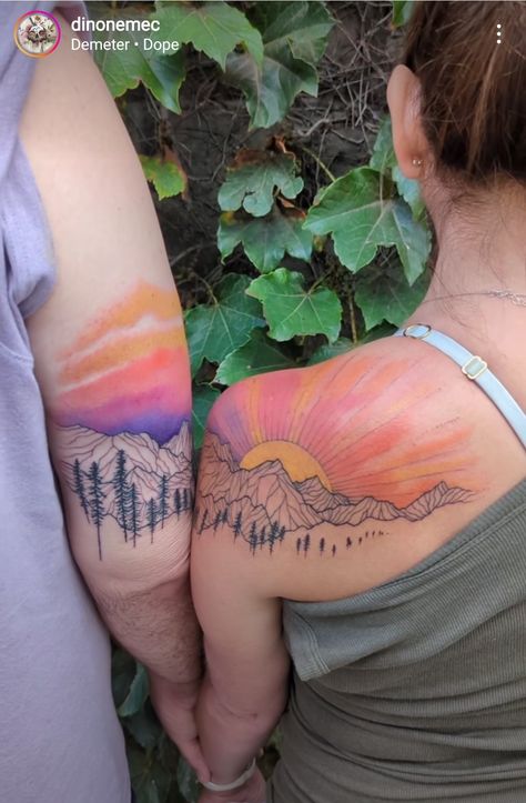 Small Travel Tattoos, Tattoo Ideas Travel, Watercolor Mountains Tattoo, Watercolor Bike, Tattoos For Women Unique, Travel Tattoo Ideas, Sunrise Tattoo, Moon Globe, Adventure Tattoo