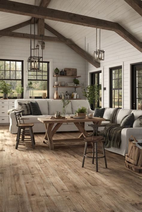 Explore the stunning 2024 trend of Modern Farmhouse design infused with White Dove and Rustic Accents. Discover the perfect blend of elegance and warmth in this captivating style. #ad     #Colortrend #wallpaint2024  #color2024  #DIYpainting  ##DIYhomedecor  #Fixhome California Farmhouse Style, 2024 Modern Farmhouse, Modern Farmhouse Aesthetic, Modern Farmhouse Interior Design, Modern Farmhouse Furniture, Farmhouse Style Furniture, American Farmhouse Style, Farmhouse Interior Design, Farmhouse Aesthetic