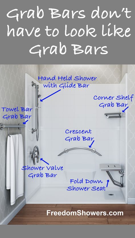 This accessible freedom shower is accessorized with various decorative grab bars. Grab Bars For Bathtub, Grab Bar Towel Rack, Shower Grab Bars Ideas, Bathtub With Grab Bars, Walk In Shower Grab Bar Placement, Where To Place Grab Bars In Showers, Decorative Shower Grab Bars, Shower Grab Bars Design, Shower Safety Grab Bar