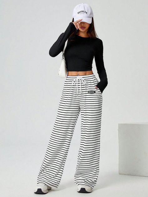 Black And White Striped Knitted Women's Trousers Trousers White, Knitted Poncho, Knit Tunic, Knit Outfit, Knit Skirt, White Casual, Knit Tanks, Women's Trousers, Straight Leg Pants