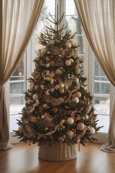 Christmas Themes and Decorations to Transform Your Tree White Cream Gold Christmas Tree, Beige And Gold Christmas Tree, Christmas Tree Ideas With Burlap, Cream Gold Christmas Decor, Ivory And Champagne Christmas Tree, Christmas Tree Decorations Neutral, Cream Colored Christmas Tree, Christmas Tree Beige And Gold, Christmas Tree Color Schemes Gold