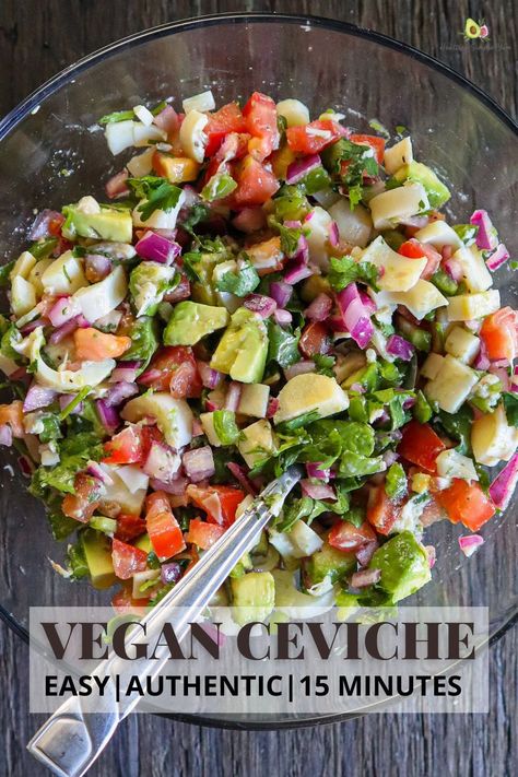 If you're looking for a refreshing appetizer or snack, this vegan ceviche recipe is for you! It tastes delicious on a hot summer day when you’re craving a light meal & is also great for family gatherings or picnics. This vegan ceviche hearts of palm recipe is done in 15 minutes and can be customized to your taste. Learn how to make this Mexican vegan ceviche recipe at home and enjoy it anytime! Serve as an appetizer with chips or a topping on a tostada or taco. Try this easy vegan appetizer! Easy Ceviche Recipe, Vegetarian Ceviche, Vegan Ceviche, Vegan Appetizer, Healthy Vegan Dinner Recipes, Healthy Vegan Dinner, Ceviche Recipe, Vegan Mexican Recipes, Mexican Dish