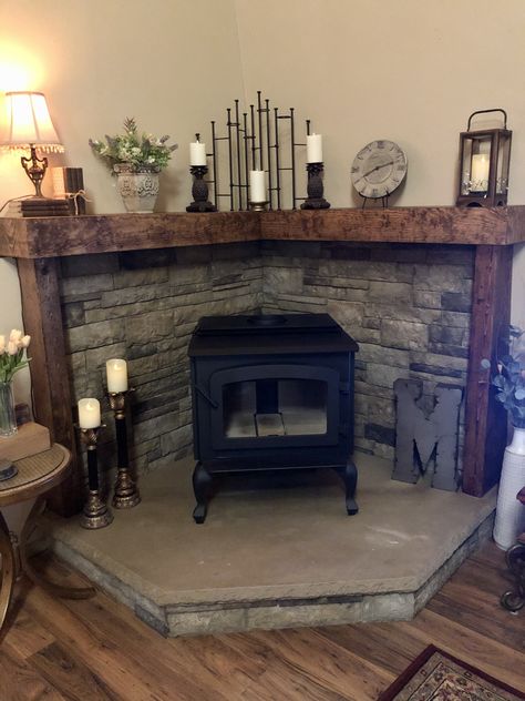 Outdoor Themed Basement, Corner Wood Stove Ideas Mantels, Update Wood Burning Stove, Mantel Around Wood Burning Stove, Wood Burning Stove Mantel Ideas, Kitchen Ideas Shiplap, Wood Stove Surround Farmhouse Wall, Slate Fire Harth, Mantel With Wood Stove