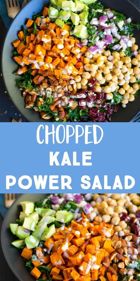 This Chopped Kale Power Salad with Lemon Tahini Dressing has everything you need! It's filing, healthy and delicious and is really great for meal prep! It's packed with tons of vegetables and protein and will really fill you up! You can enjoy it as a lunch, dinner or a side dish! #powersalad #vegan #vegetarian #salad #healthy #mealprep Kale Power Salad, Tahini Dressing Recipe, Chopped Kale, Power Salad, Salad With Lemon, Prep Lunch, Lemon Tahini Dressing, Tahini Dressing, Healthy Ingredients