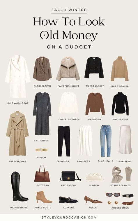 How To Dress 'Old Money' On A Budget: Fall & Winter [2024] Winter Wear Styles For Women, Old Money Fall Capsule 2024, Winter Aesthetic Clothing, Minimal Old Money Outfit, What Vibe Do I Give Off Outfit, Fall Winter Outfits Old Money, Fall Old Money Outfits 2024, Rich Style Aesthetic, How To Style My Clothes Outfit Ideas