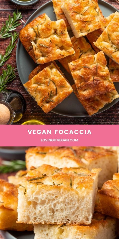 This delicious homemade vegan focaccia bread recipe is so easy to make. Topped with fresh rosemary, sea salt and olive oil it's the best ever. | lovingitvegan.com Vegan Ciabatta Bread, Quick Vegan Bread Recipe, Vegan Focaccia Bread Recipe, Vegan Italian Bread, Vegan Foccia Bread, Vegan Baked Dishes, Italian Vegan Recipes, Vegan Sourdough Recipes, Vegan Foccacia