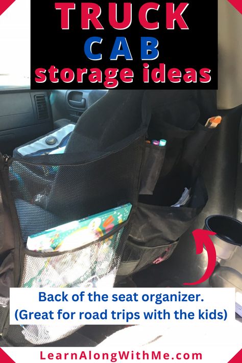 Do you have stuff scattered all over your truck? I researched some different truck cab storage ideas and put together a list of options that will hopefully work for you. I got this back of the seat organizer from Walmart that has 3 sections: an organizer for behind the driver's seat, one for behind the passenger seat, and it has a zip-off middle section. It has lots of different pockets that work well to hold my daughter's markers and books for road trips. Would work well for tools too. Truck Rear Seat Storage, Truck Cab Storage Ideas, Truck Organization Ideas, Truck Hacks, Truck Bed Organization, Truck Organization, Truck Bed Storage, Truck Storage, Vehicle Accessories