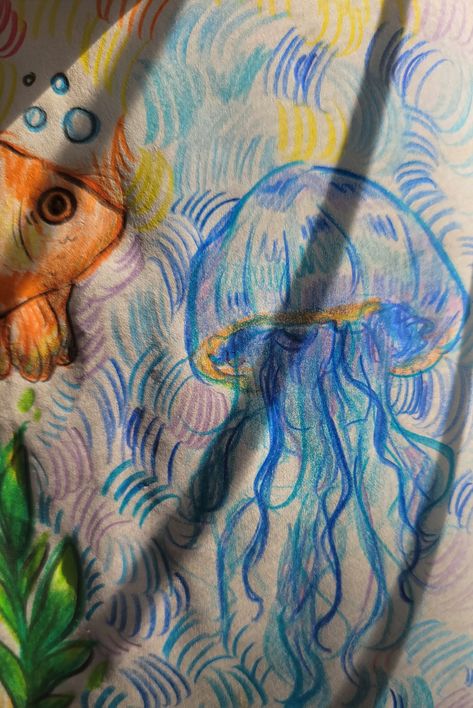 Sketch, jellyfish sketch, drawing, colored pencil Colored Pencil Doodles Aesthetic, Pencil Crayon Art Drawings, Jellyfish Reference, Aesthetic Colored Pencil Drawings, Jellyfish Pencil Drawing, Coloured Pencil Sketches, Jellyfish Drawing Pencil, Drawing Jellyfish, Jellyfish Colored Pencil