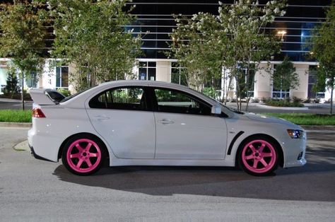 Mitsubishi Lancer Evolution Oh my gosh my dream car! Exactly how I want it! Gah I want it I need it right now!! Pink Wheels, Pink Rims, Mitsubishi Evo, Girly Car, Mitsubishi Lancer Evolution, White Car, Pink Car, Pretty Cars, Mitsubishi Lancer