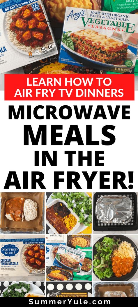 Can you put microwave meals in an air fryer? Yes, you can cook ready meals in an air fryer, including TV dinners and Lean Cuisines! Welcome to my ultimate guide on how to cook TV dinner in the air fryer. Learn to make Hungry Man dinners, Banquet Mega Bowls, Amy’s frozen vegetarian meals, and more. You’ll love how easy it is to make air fryer frozen dinners! #healthyrecipes #airfryer #tvdinners #microwavemeals #microwavedinners #frozendinners #airfry #airfrying Air Fryer Ready Meals, Ready Made Frozen Meals, Frozen Meals In Air Fryer, Frozen Lasagna In Air Fryer, Galanz Air Fryer Microwave Recipes, Microwave Air Fryer Recipes, Meals In Air Fryer, Ketobiotic Recipes, Lean Cuisine Recipes