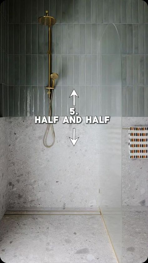 The Bathroom Guide | 10 Tile Trends… ⬇️ 🚀P.S If you want to learn how to create your own bathroom design using our structured design workflow methods… you’ll… | Instagram Elevated Shower Floor, Sunken Shower Ideas, Walk In Shower With Half Wall, Curbless Shower Ideas, Kitkat Tiles, Finger Tiles, Natural Stone Tile Bathroom, Large Tile Bathroom, Half Wall Shower