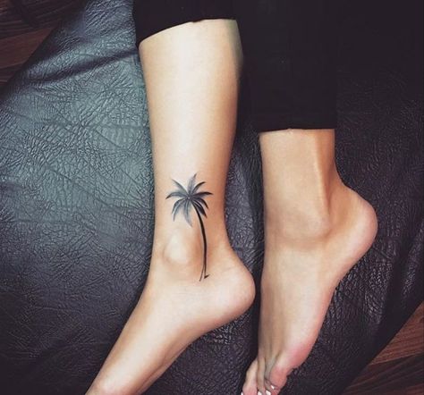 Palm Tree And Wave Tattoo Ankle, Inside Ankle Tattoos For Women, Palm Tree Tattoo On Ankle, Tattoos For Women Ankle, Palm Tree Tattoo Placement Ideas, Coconut Tattoo, Palm Tree Back Of Ankle Tattoo, Tree Tattoos For Women, Inside Ankle Tattoos