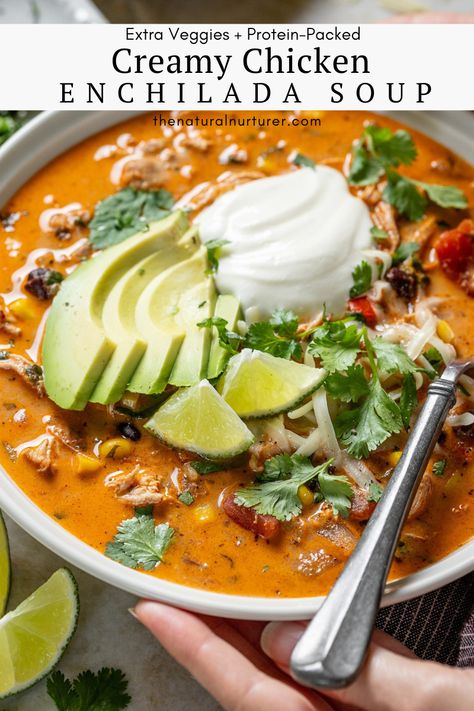 Shredded Chicken Soup Recipes, Shredded Chicken Thighs, Healthy Shredded Chicken Recipes, Enchilada Chicken Soup, Creamy Chicken Enchilada Soup, Creamy Enchilada, Family Meal Planning Healthy, Healthy Chicken Enchiladas, Enchilada Soup Recipe