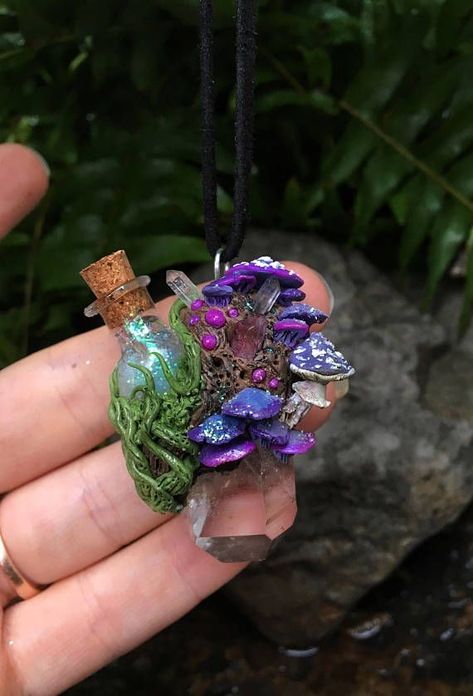 Clay Crystal Pendant, Crystals Green, Rose Aura, Lost Garden, Mushroom Crafts, Sept 1, Magic Potion, Bottle Pendant, Crystal Pendants