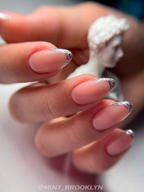 Silver And Pink French Tip Nails, Silver Outline French Nails, White And Silver Nails French Tip, Silver Reverse French Nails, Metallic French Tip Almond Nails, Silver Glitter Nails French Tips, Almond Tip Nails Designs, Silver Tipped Nails, Silver Tip Nails French Manicures