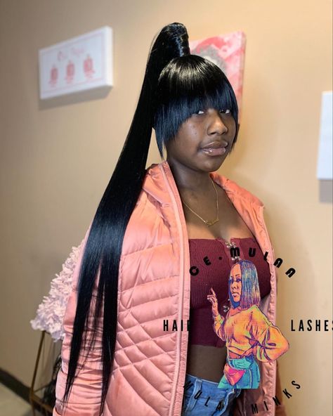 Genie Ponytail Weave, Genie Ponytail, Ponytail Weave, Chinese Bangs, Black Hair Care, Braided Ponytail, Black Girls Hairstyles, Cosmetology, Lace Wigs