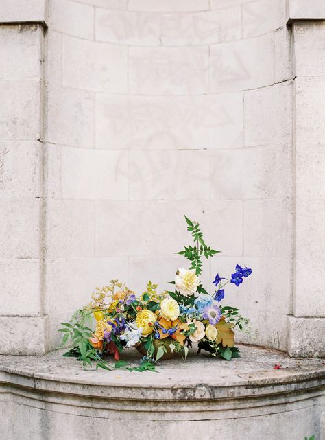 Yellow, Blue and Foliage Wedding Flower Arrangement Chuppah Flowers, Pink Spring Flowers, Lush Wedding, Two Brides, Spring Wedding Colors, Nature Color Palette, Spring Wedding Inspiration, Organic Wedding, Blue Color Schemes