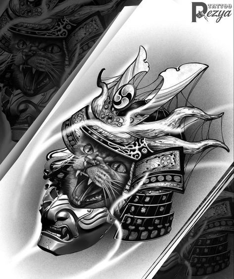 Samurai Cat Tattoo Japanese Art, Samurai Cat Tattoo, March Tattoo, Seagull Tattoo, Cat Samurai, Lucky Cat Tattoo, Tattoo Reference, Tattoo Desings, Samurai Tattoo