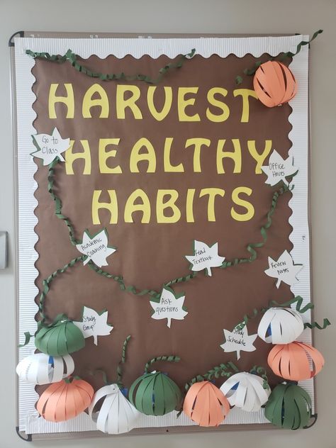 Fall Safety Bulletin Board, Fall Bulletin Boards For Nurses Office, Health And Wellness Bulletin Boards College, Harvest Bulletin Board, Fall Pe Bulletin Boards, Halloween Health Bulletin Boards, School Nurse Fall Bulletin Boards, Health Fair Decorating Ideas, Fall Health Bulletin Boards