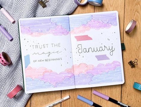 oliwia🤍 on Instagram: “January quote page! ☁️💙💜💖 #bulletjournal #bujo #journal #bulletjournaling #bujoinspiration #journaling #planner #bujoideas #studygram…” Scrapbook Themes, Bujo Journal, Bullet Journal Month, Cloud Theme, January Bullet Journal, Journaling Planner, Bullet Journal Cover Page, Bullet Journal Cover Ideas, Bullet Journal Paper