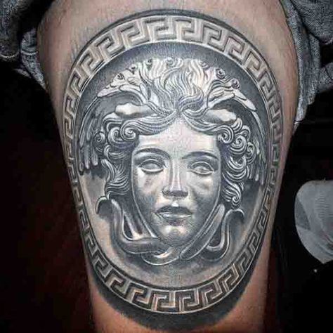 male medusa | 80 Medusa Tattoo Designs For Men - Snakes To Stone Versace Tattoo, See Tattoo, Medusa Tattoo Design, Spartan Tattoo, Thigh Tattoo Designs, Omerta Tattoo, Religious Tattoos, Mythology Tattoos, Medusa Tattoo