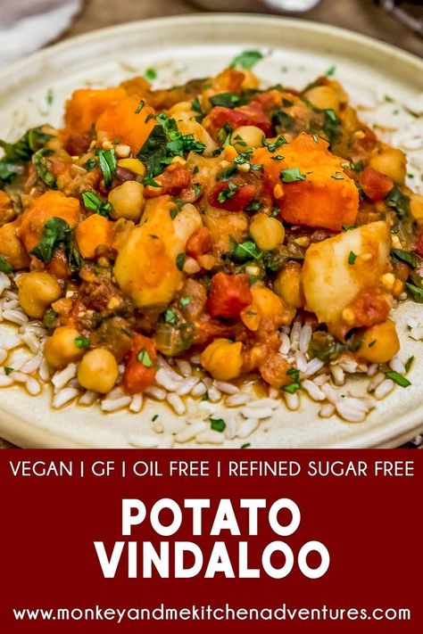 This oil free nod to the classic Indian Potato Vindaloo dish is brimming full of spices, hearty potatoes, protein-packed chickpeas, and nourishing veggies. #wholefoodplantbased #vegan #oilfree #glutenfree #plantbased | monkeyandmekitchenadventures.com Monkey And Me Kitchen Adventures, Nutritious Dinner, Monkey And Me, Vegan Indian Recipes, Sweet Potato Spinach, Indian Foods, Vindaloo, Engine 2, Rigatoni