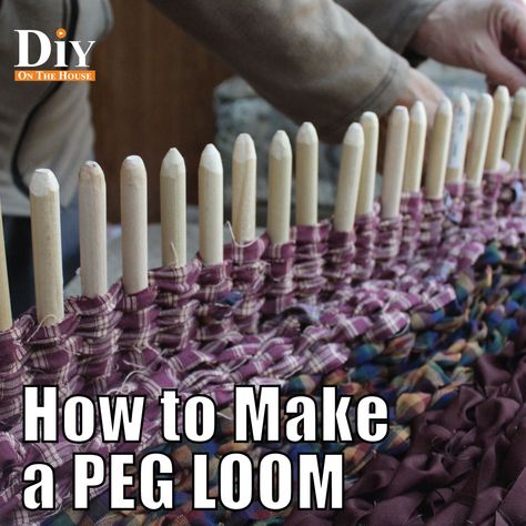 Diy Rag Rug Loom, Diy Rug Weaving Loom, How To Build A Loom, How To Make A Loom Board, Peg Loom Rag Rug, Rug Loom Diy, Peg Loom Diy, How To Make A Loom For Weaving, Peg Loom Rug