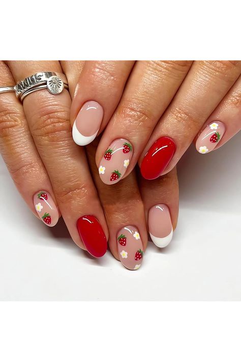 IMSOHOT Short Press on Nails French Tip Almond Fake Nails Red Strawberry Pattern False Nails with Designs Stiletto Glue on Nails Full Cover Acrylic Nails for Women 24Pcs Nails With Fruit Design, Nails French Tip Almond, Fake Nails French Tip, Red Fake Nails, Oval Shaped Nails, Nails French Tip, Chic Nail Designs, Press Nails, February Nails