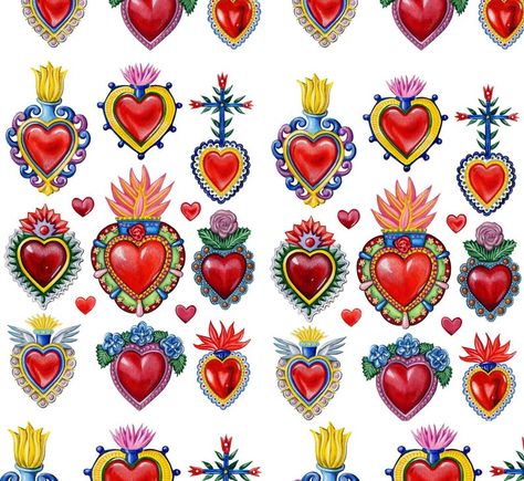 Sacred Heart Mexican, Folk Art Tattoo, Sacred Heart Art, Sacred Heart Tattoos, Sacred Hearts, Heart Tattoos, Heart Printable, Tin Art, Arte Popular