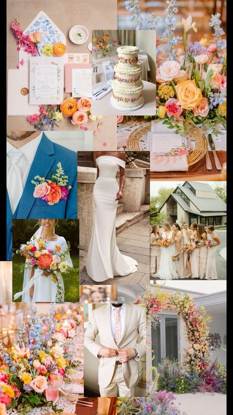 wedding wildflower 2025 bridetobe 2025bride Vibrant Wildflower Wedding, Fall Bright Wedding Colors, June Backyard Wedding, Bright Bridal Party, Colorful Wedding Palate, Bright Colors Wedding Theme, 70s Wildflower Wedding, Spring Wedding Bright Colors, Colorful Spring Wedding Bridesmaids