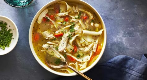 A major shortcut is built right into this Rotisserie Chicken Noodle Soup recipe that's sure to bring comfort any time of the day. Ready in just 30 minutes, this chicken noodle soup is perfect for cold days. Rotisserie Chicken Noodle Soup, Rotisserie Chicken Soup, Southern Living Recipes, Chicken Noodle Soup Recipe, Noodle Soup Recipe, Flavorful Vegetables, Rotisserie Chicken Recipes, Noodle Soup Recipes, Soup Recipes Chicken Noodle