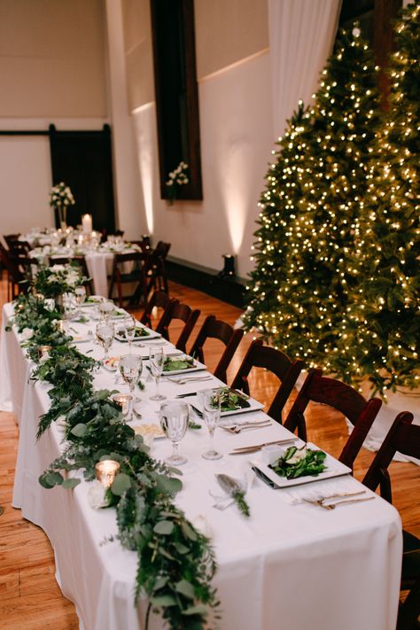 Christmas Head Table Wedding, Christmas Green Wedding, Pine And Eucalyptus Wedding, Evergreen Garland Wedding, Christmas Wedding Long Table Decorations, Christmas Wedding Top Table, Pine Wedding Decor, Winter Wedding Head Table, Evergreen Table Garland