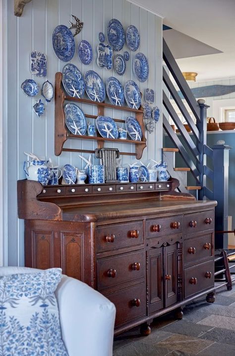 A newly built cottage in Maine that exudes timeless coastal charm | House & Garden Maine Coastal Cottage, Nautical Cottage, Nora Murphy, Second Floor Landing, Blue Painted Walls, Beadboard Ceiling, American Houses, Patterned Plates, Coastal Charm