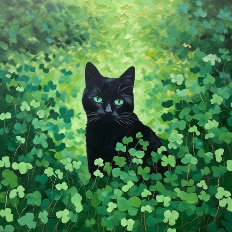 Whimsical Cat Art, Clover Field, Cat Unique, Black Cat Illustration, Black Cat Painting, Art Mignon, Black Cat Art, Whimsical Cats, A Black Cat