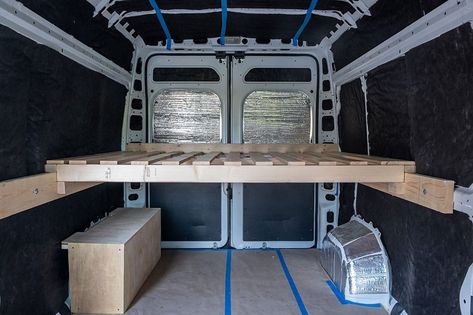 Camper Van Garage, Van Build Bed Ideas, Removable Bed For Van, Cargo Van Storage Ideas, Van Beds Ideas, Basic Van Conversion, Sprinter Van Bed Ideas, Van Cabinet Ideas, Campervan Bed Ideas Diy