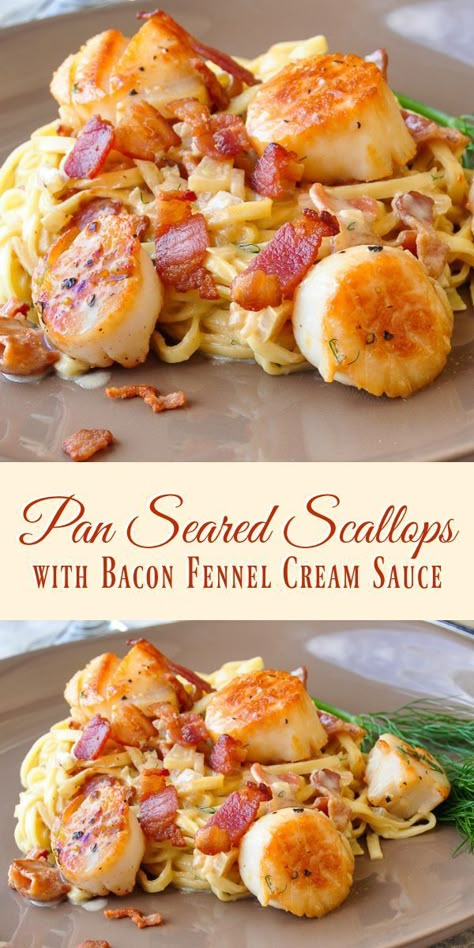 Pan Seared Scallops with Bacon Fennel Cream Sauce - The most popular pan seared scallops recipe ever on Rock Recipes. Folks just love the luscious bacon cream sauce. A terrific, easy dinner party recipe or just as a great romantic dinner for two. Scallops With Bacon, Bacon Cream Sauce, Seared Scallops Recipe, Easy Dinner Party Recipes, Scallops Recipe, Resep Pasta, Pan Seared Scallops, Rock Recipes, Seared Scallops