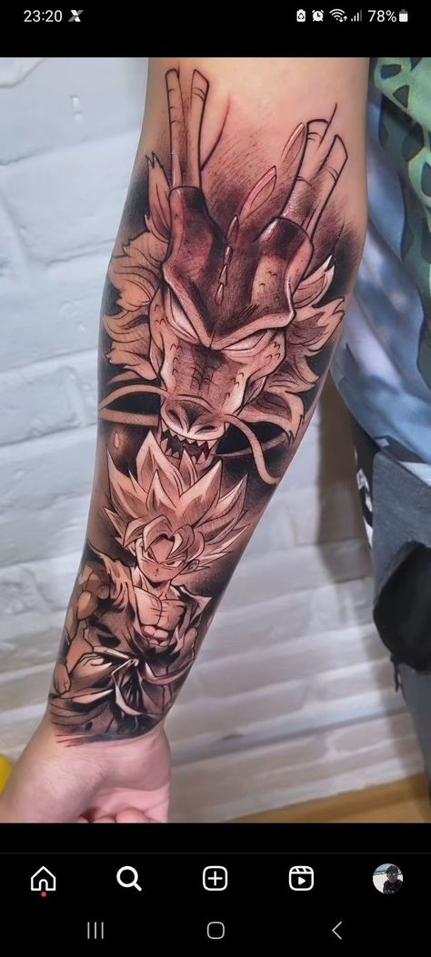 Shenron Goku Tattoo, Dragon Ball Z Arm Sleeve Tattoo, Dragon Ball Shenron Tattoo, Dragon Ball Z Sleeve Tattoo, Dragonball Super Tattoo, Dragon Tattoo Inner Arm, Ultra Instinct Tattoo, Dragonball Tattoo Ideas, Shenron Tattoo Design