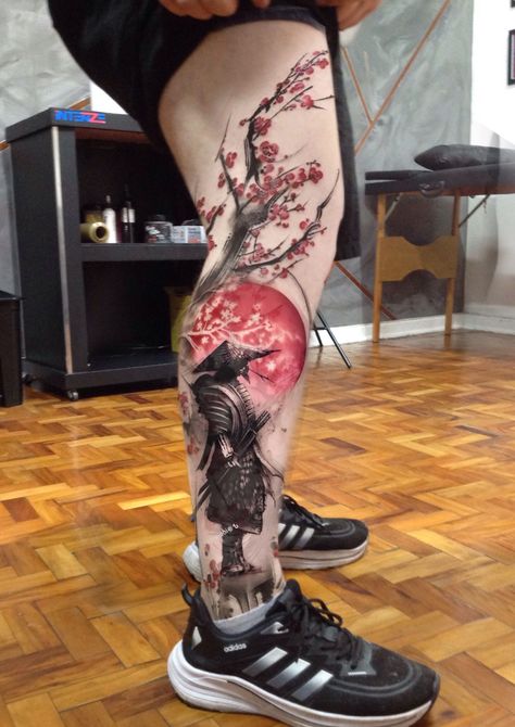 Trash Polka Samurai Tattoo, Leg Japanese Tattoo Men, Samurai Leg Tattoo Men, Traditional Japanese Tattoo Leg Sleeve, Japanese Tattoos Samurai, Samurai Leg Sleeve, Japan Leg Tattoo, Japanese Leg Sleeve Tattoo Men, Leg Japanese Tattoo