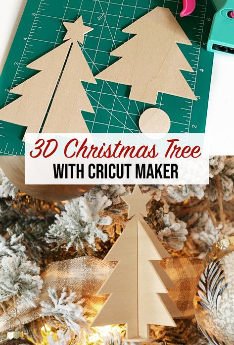 How to make a 3D wooden Christmas tree with your Cricut Maker and basswood. #CricutMaker #CricutCrafts #ChristmasCrafts #Ornaments #DIYOrnaments Christmas Silhouette Cricut, Cricut Christmas Trees, Christas Cricut, Cricut Wood Christmas Ornaments, Basswood Cricut, Cricut Wooden Ornaments, Cricut Christmas Tree Ornaments, Cricut Wood Ornaments Diy, Christmas Cardstock Cricut