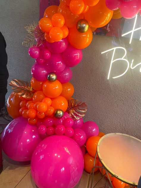 Party Barbiecore Hot Pink And Orange Balloons, Orange And Pink Disco Party, Pink And Orange Balloons, Pink And Orange Birthday Theme, Hot Pink And Orange Party Decorations, Pink Orange Balloons, Orange And Pink Birthday Party Ideas, Pink And Orange Party Theme, Pink And Orange Birthday