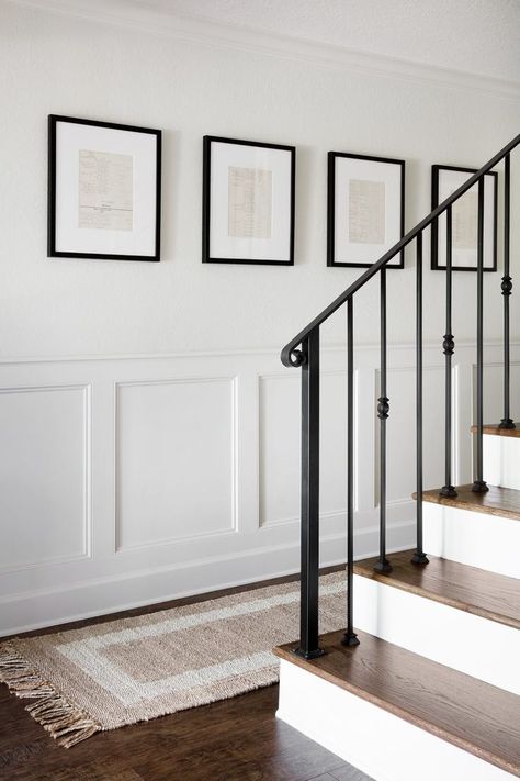 Mountain Home Tour | lark & linen #stairs #rugideas Iron Stairs, Farmhouse Stairs, Stairs Railing, Wainscoting Styles, Iron Stair Railing, Railing Ideas, Hallway Designs, Stair Case, Lan Can