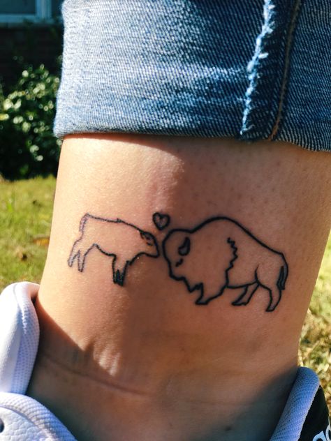 Mother/Baby bison tattoo Cute Buffalo Tattoo, Small Bison Tattoo, Small Buffalo Tattoo, Bison Tattoo Ideas For Women, Buffalo Tattoo Feminine, Bison Tattoo Ideas, Buffalo Tattoo Ideas, Lion Butterfly, Ox Tattoo