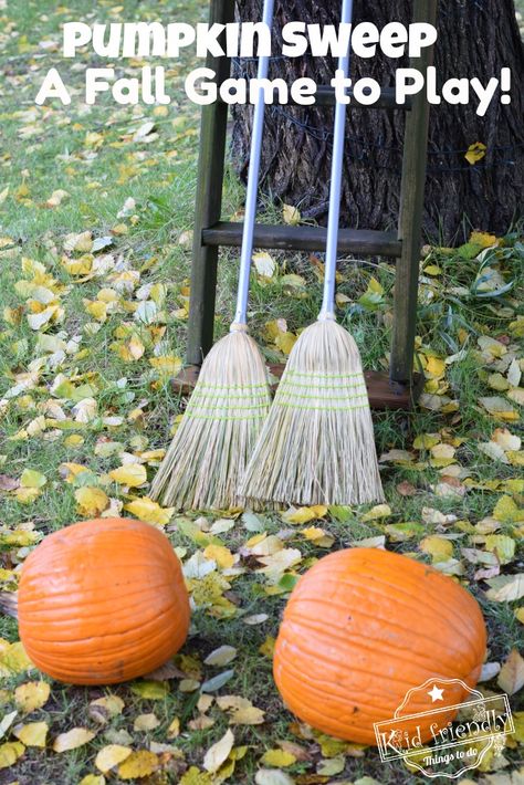 Pumpkin Sweep - Thanksgiving Game to Play. Kids and Adults of all ages will have fun playing this Pumpkin Sweep - A Great Fall, Halloween and Thanksgiving Game to play. www.kidfriendlythingstodo.com #pumpkin #game #kids #teens #adults #fun #race #Thanksgiving #Halloween Pumpkin Broom Race, High School Fall Festival Games, Go Fish Fall Festival Game, Harvest Feast Games, Fall Theme Carnival Games, Scarecrow Relay Race, Pumpkin Relay Race, Church Fall Festival Ideas Harvest Party, Pumpkin Olympics