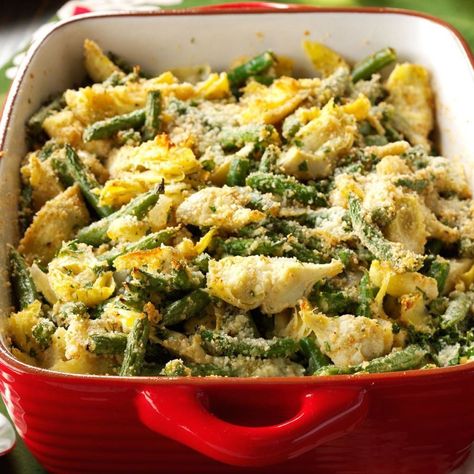 Italian Artichoke-Green Bean Casserole Recipe | Taste of Home Italian Artichoke, Healthy Christmas Dinner, Artichoke Casserole, Italian Easter Recipes, Italian Casserole, Recipe Broccoli, Healthy Christmas Recipes, Italian Easter, Easter Dishes