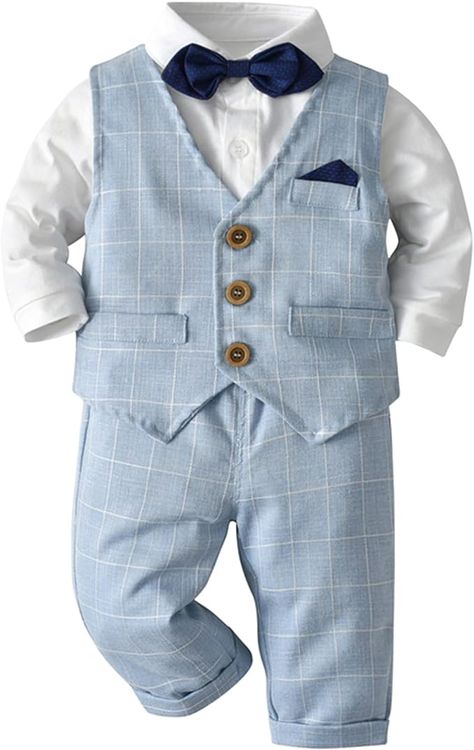 Design: 2 styles of tops are designed for different ages. White romper is for age 0-6 M and 6-12 M. White shirt is for age 12-18 M, 18-24 M, 2-3 T. It is user-friendly design. 3 well-received colors are avaliable, grey, blue and khaki. All are classic for formal suits that can style any clothes, practical to wear. Boys Tuxedo Wedding, Baby Boy Formal Wear, Formal Boys Outfit, Outfits Suit, Waistcoat Outfit, Baby Boy Christening Outfit, Boys Formal Wear, Boys Waistcoat, Boys Tuxedo